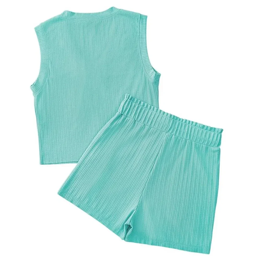 Mint Green Ribbed Button V Neck Tank Top and Shorts Set New S, M, L, XL